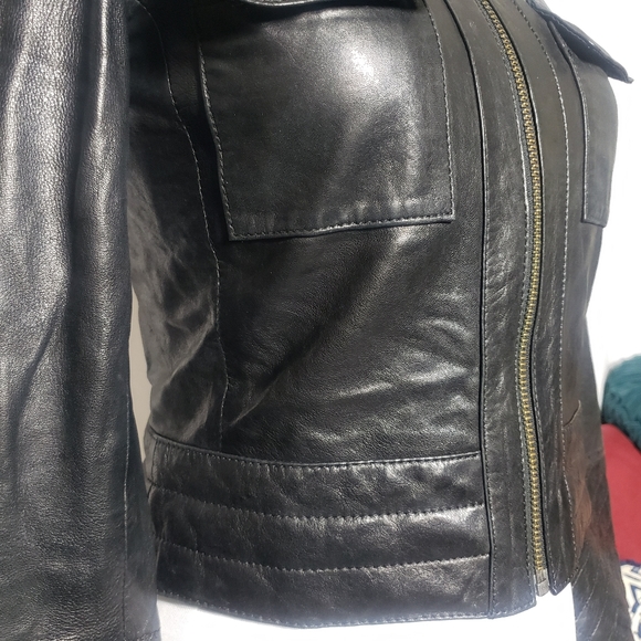 Trouve Leather Moto Collarless Quilted Sleeve Jacket Black Size: XS - Picture 10 of 16